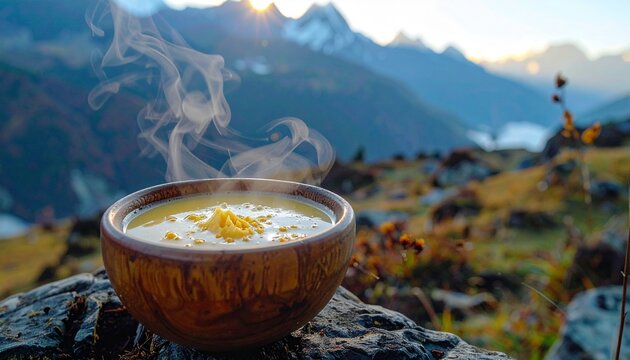 Tibetan butter tea. Steaming tea bowl with a mountain backdrop, inspired by classic po cha service.