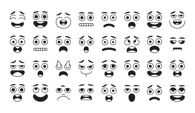 Large collection of expressive facial features and emoji heads in black ink line art style drawing.