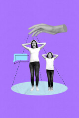 Poster art collage of person stand under human hand with speech bubble purple background
