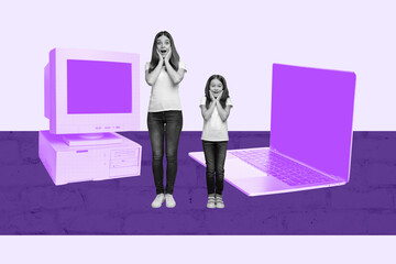Exclusive artwork banner creative collage of two happy girls daughter mom stadn pc monitor laptop...