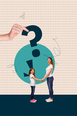 Creative collage of thoughtful questioned person between abstract bars question mark symbolizing...