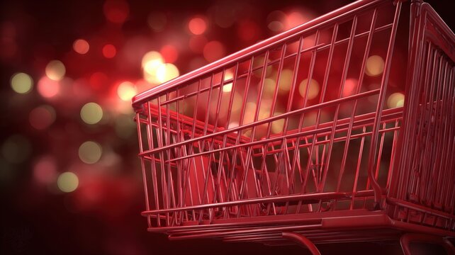 Red Shopping Cart on Blurred Bokeh Background for Holiday Promotions and Retail Concepts