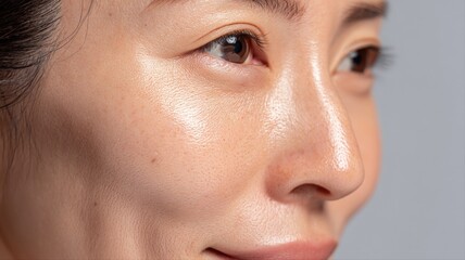 Fototapeta premium Close-up Portrait of Woman with Radiant, Healthy Skin Exhibiting Natural Beauty and Facial Skincare