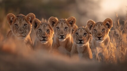 Naklejka premium Charming Lion Cub Group Portrait: A Quintet of Curious Faces in the African Savanna