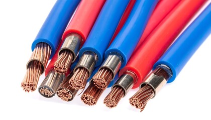 Obraz premium Close-up of various colored wires with exposed copper cores against a white background, showing construction
