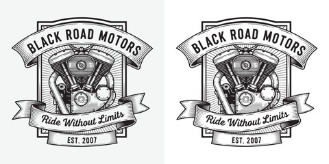 Obraz premium Vintage V-Twin Motorcycle Engine Logo with Banner Black Road Motors