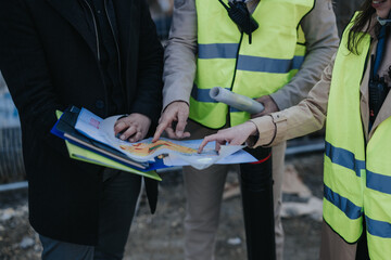 Fototapeta premium Construction engineers examine printed plans and maps while pointing at details on a job site. Colleagues in high-visibility vests collaborate over blueprints during an outdoor site meeting.
