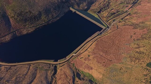 Drone POV of Greenfield Reservoir at the Peak District National Park, Greenfield Reservoir is a reservoir in the Saddleworth parish of the Metropolitan Borough of Oldham in Greater Manchester.