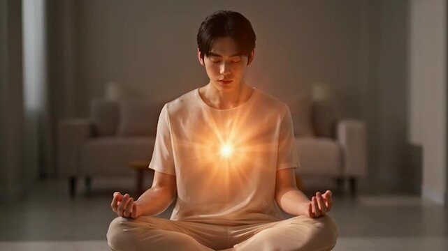 Serene Meditation and Inner Peace: A person, immersed in deep meditation, radiates a warm, inner glow, symbolizing tranquility and spiritual awakening.
