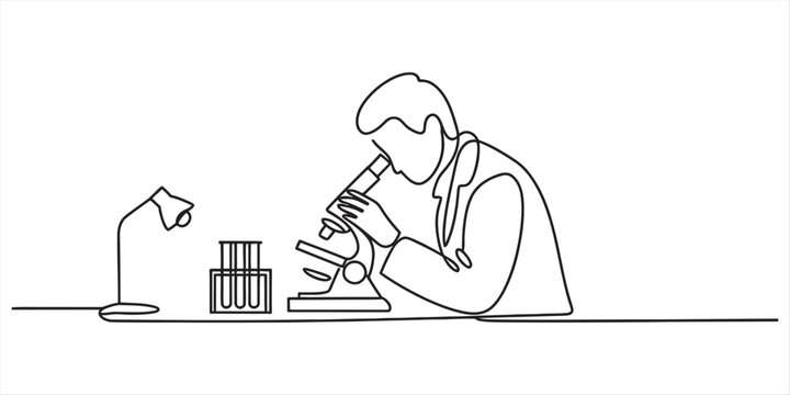 A continuous line drawing of a scientist looking through a microscope in a laboratory setting. Vector, illustration