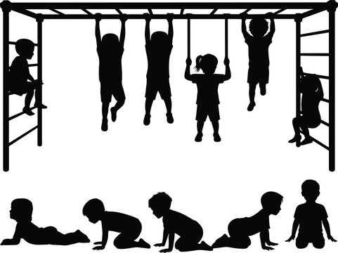 PrintChildren playground silhouettes, kids climbing frames, monkey bars activity, crawling poses, physical development, playtime vector, outdoor fun, childhood icon, fitness design, educational art