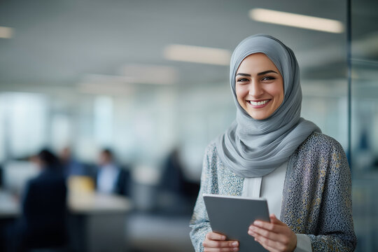 Portrait of happy muslim businesswoman wearing hijab with touchpad in office looking at camera