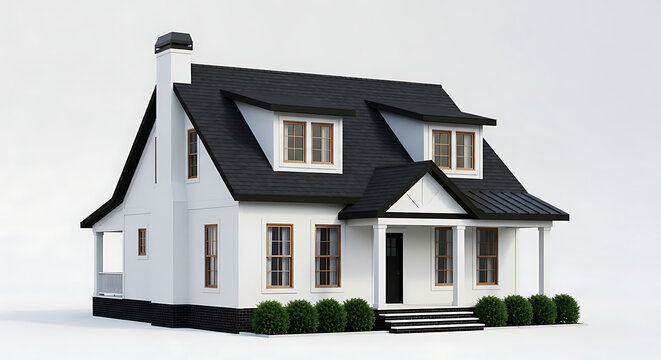 Modern farmhouse with white siding, black roof, and dormer windows isolated on white background