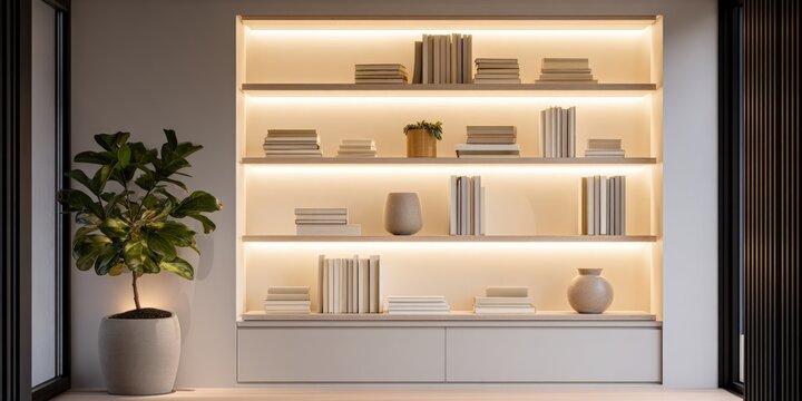 Illuminated Bookshelf in Minimalist Interior Design with Fiddle Leaf Fig Plant and Neutral Tones