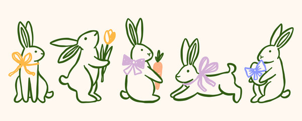 Cute coquette Easter bunny vector illustrations set. Outline rabbit clipart. Spring farm animals © ArtFM