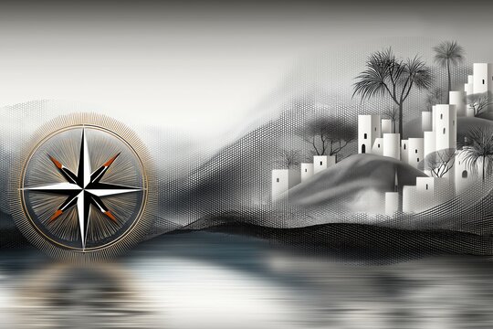AI-generated illustration of a minimalist hills and village landscape, overlaid with a compass, in black, white and brown