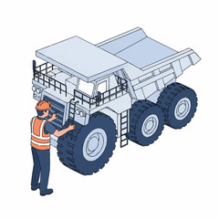 Isometric illustration of a worker inspecting a large mining dump truck. © Achmad