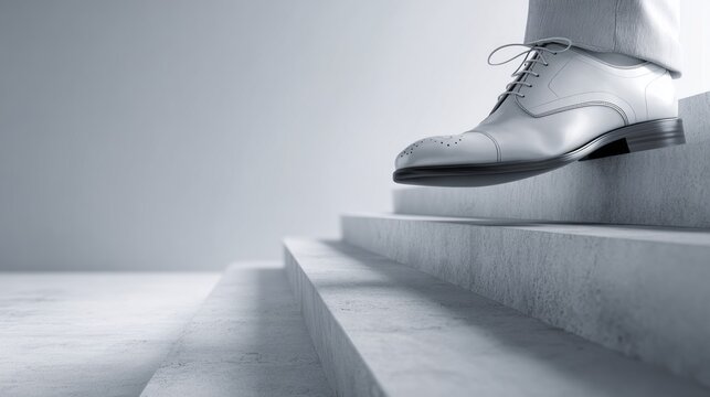 a single foot in a clean modern shoe standing firmly on a stair step, upward progress. supportive orthopedic shoe on a foot stepping down a staircase, shoe's design features and grip