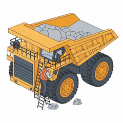 Isometric illustration of a worker climbing a ladder on a large mining dump truck filled with rocks. © Achmad