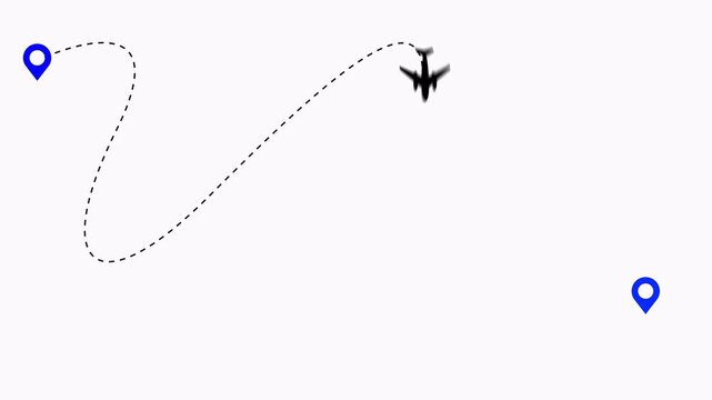 Animated airplane path with dashed line flying to destination marker, alpha channel ready for overlay use.