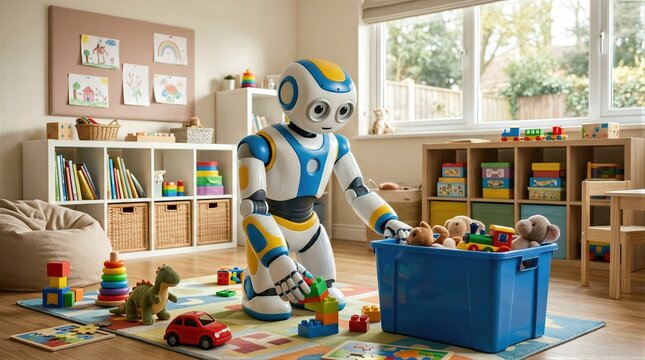 Humanoid robot playing with building blocks on floor in nursery room. Autonomous machine helping with education and development