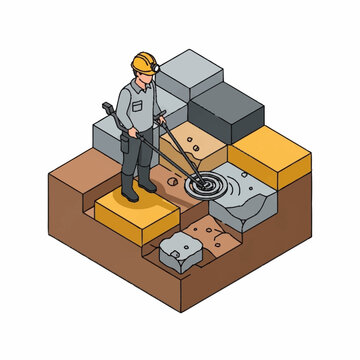Isometric illustration of a worker using a metal detector on a construction site.