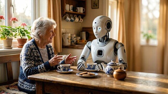 Elderly woman drinking tea with a robot at home. Senior female interacting with an artificial intelligence companion