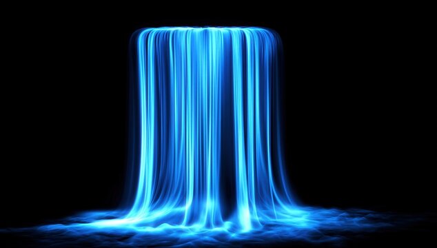 A luminous blue waterfall made of flowing light streams cascades down in a surreal, digital art style against a black background.
