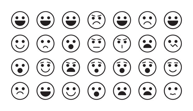 Clean vector line icons of round faces showing diverse range of emotions and behavioral expressions.