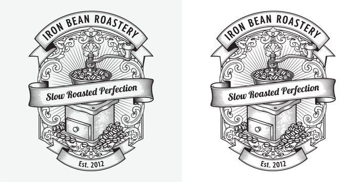 Hand Drawn Antique Coffee Grinder Logo for Iron Bean Roastery with Coffee Beans