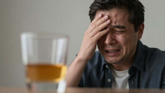A man struggles with depression, holding his head in despair. A glass of alcohol suggests alcohol abuse and mental health issues, capturing deep emotional pain