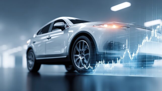 Auto insurance concept with modern vehicle and abstract data graphics, showing how digital analytics improve coverage decisions, risk evaluation, and trust for drivers and financial service providers.