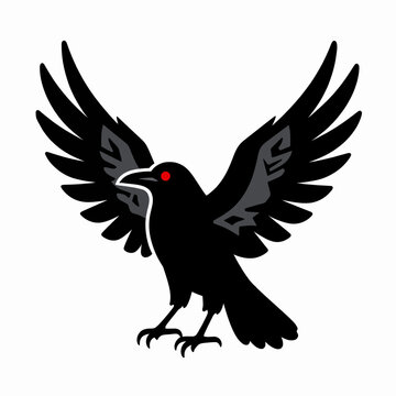 Intricate flat vector illustration of a single black raven with spread wings and a red eye, mythical crow bird in a symmetrical tribal heraldic pose, isolated on white background, gothic concept.