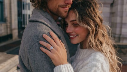Fototapeta premium A happy couple embraces outdoors, showcasing an elegant engagement ring on the woman's hand, highlighting love and commitment.