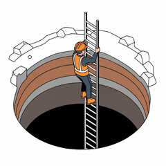 Worker climbing ladder out of manhole. © Achmad