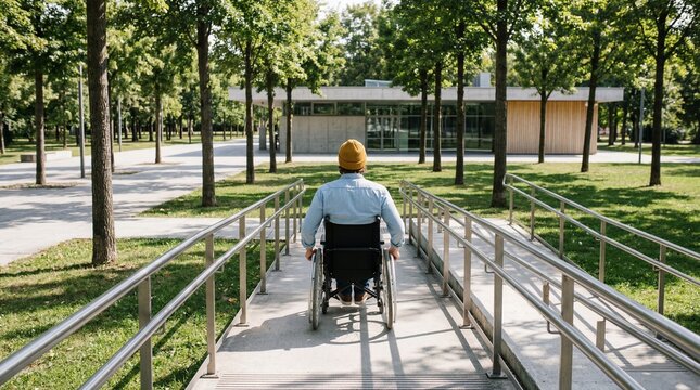 Person in wheelchair using accessible ramp in park approaching modern building surrounded by trees