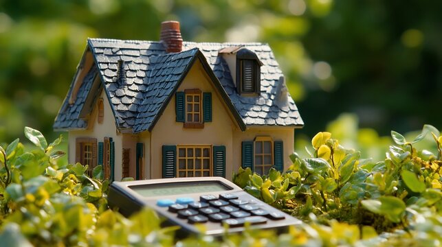 House model, calculator, garden, sunny day, mortgage planning