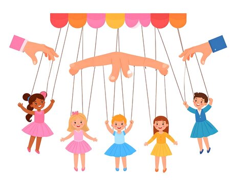 Colorful illustration depicting hands controlling string puppets of diverse children, all with cheerful expressions
