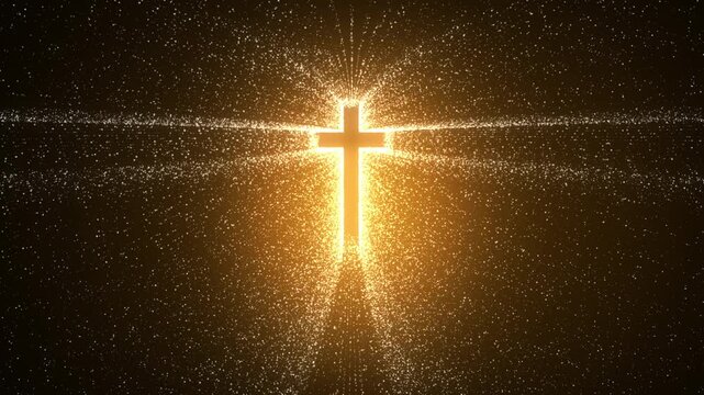Glowing Golden Cross of Light Symbolizing Christian Faith, Hope, Salvation and Divine Presence