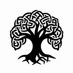 Fototapeta premium Ornate Celtic Tree of Life Vector Illustration, Intricate Black Knotwork Silhouette Symbolizing Nature and Heritage, Isolated Minimalist Tree Design for Spirituality and Genealogy Concepts
