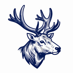 Fototapeta premium Majestic Bull Elk Head Profile in Vintage Blue Ink Woodcut Style, Detailed Antlers and Fur Texture, Flat Vector Illustration of North American Wildlife, Isolated on White Background
