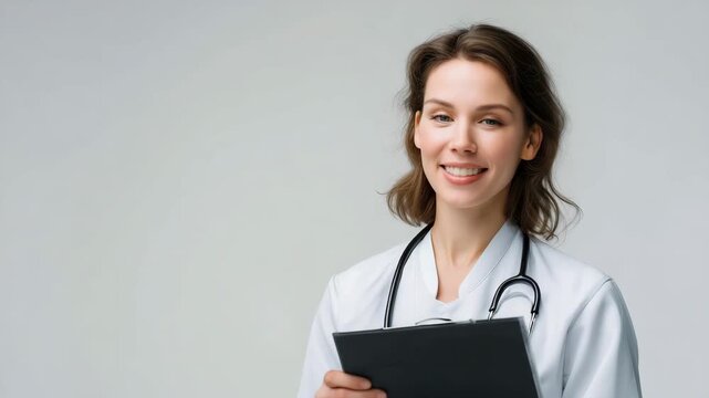 Doctor with stethoscope holding medical folder isolated on white background, healthcare professional, physician portrait, clinic worker, medical service concept, hospital staff, medicine, copy space.