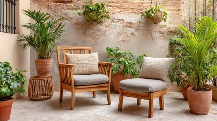 Fototapeta premium Cozy Outdoor Seating Area with Wooden Chairs and Lush Green Plants in a Relaxing Tropical Environment