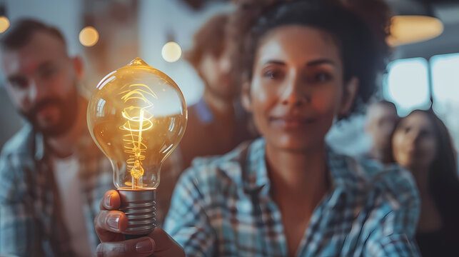 Young startup team brainstorming innovative ideas around a table under a glowing vintage light bulb in a dark atmospheric creative office space