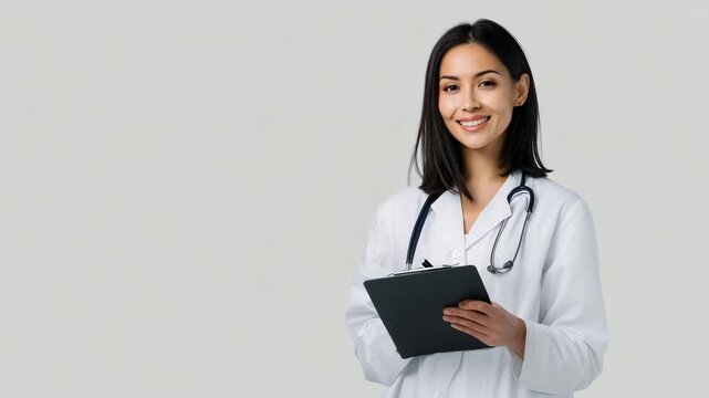 Doctor with stethoscope holding medical folder isolated on white background, healthcare professional, physician portrait, clinic worker, medical service concept, hospital staff, medicine, copy