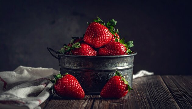 暗い背景に置かれた金属製の籠と新鮮な完熟イチゴの静物写真