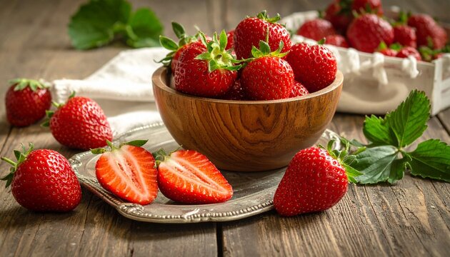 木のボウルに盛られた新鮮でみずみずしい赤いイチゴの実