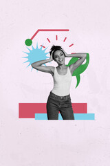 Vertical poster collage of happy businesswoman businessman stand rocket flight project startup...