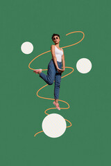 Obraz premium Surreal trend collage of people air fly on color background with striped circles string