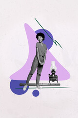 Obraz premium Vertical image poster art collage of happy pretty girl stand music pipe concert performance entertainment celebration light lamp